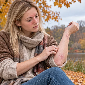 Frau mit Neurodermitis im Herbst