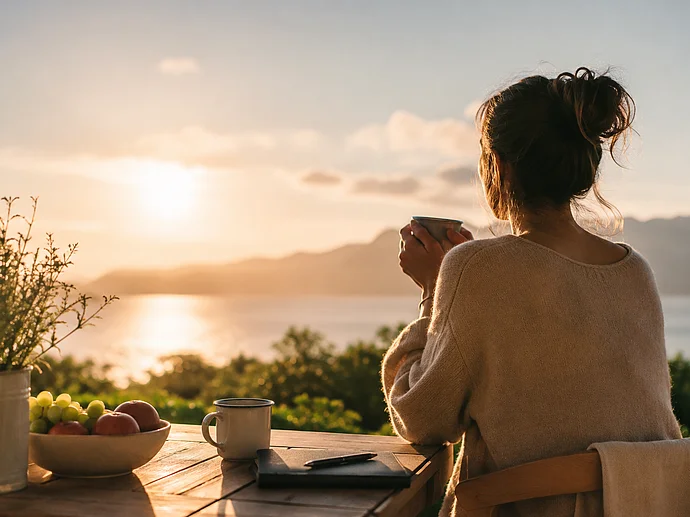 junge Frau sitzt mit Blick in den Sonnenuntergang und genießt