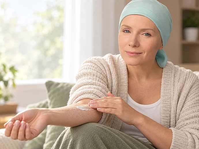 Fraut mit Krebstherapie cremt sich den Arm ein