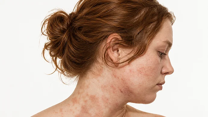 Frau mit Neurodermitis im Gesicht, am Hals und am Dekolette