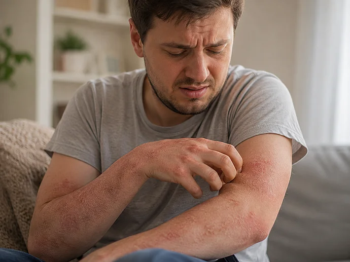 Junger Mann kratzt am Arm durch schwere Neurodermitis