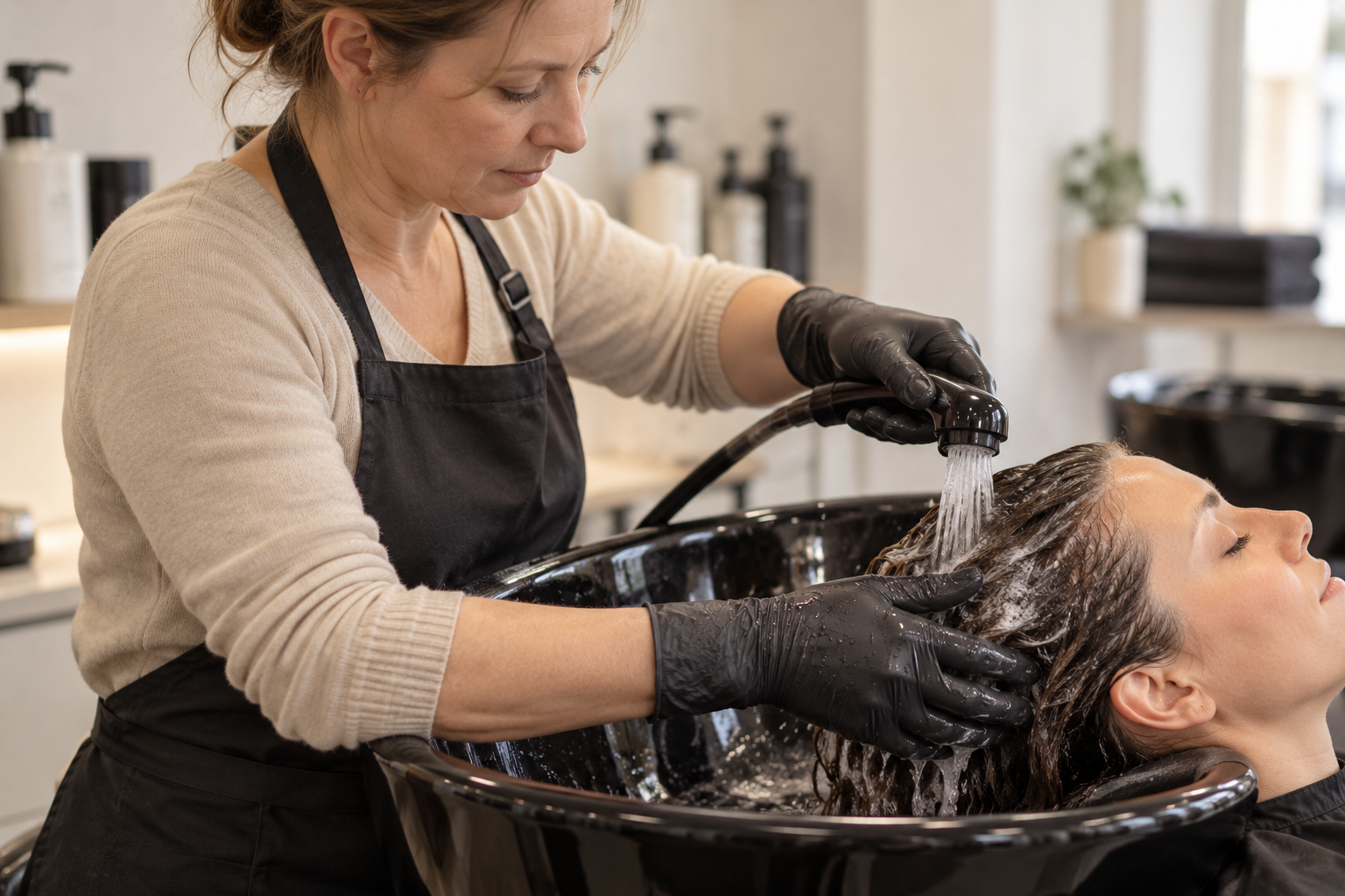 Friseurin mit chronischem Handekzem bei der Arbeit